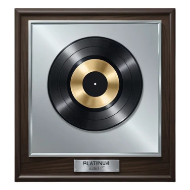 A platinum music award plaque: a square, polished platinum plate with a subtly textured, mirror-like finish, mounted on a simple dark wood base. The center features a relief of a or stylized vinyl record in a slightly darker metallic tone.  sticker