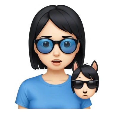A girl with black bob hair with pony, wearing black sunglasses，funny(0.5) face (0.5)，wacky expression, a blue t-shirt. sticker