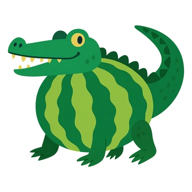a crocodile with the body of a watermelon, green with stripes, realistic crocodile tail and legs, natural crocodile head, fun and whimsical style sticker