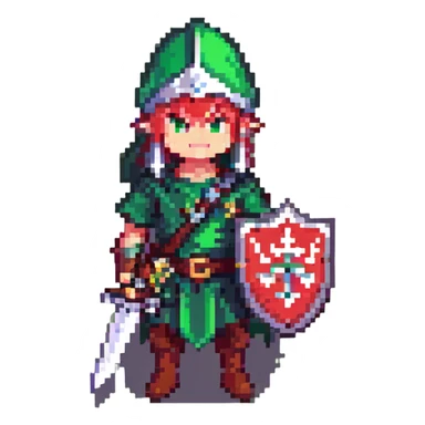 Link from The Legend of Zelda, pixel art style, green tunic, pointy hat, sword and shield sticker