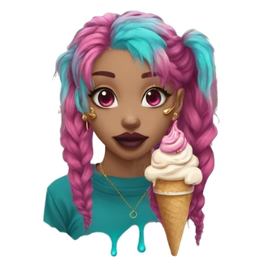 Vintage grunge patina intricate swirls golden sparkle Deep pink maroon burgundy cyan dark hoodie person dyed hair and gold piercings nose piercing ear piercings ice cream  sticker
