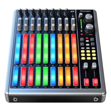 The long DJ mixer features faders, EQ knobs and multi-colored LEDs. sticker