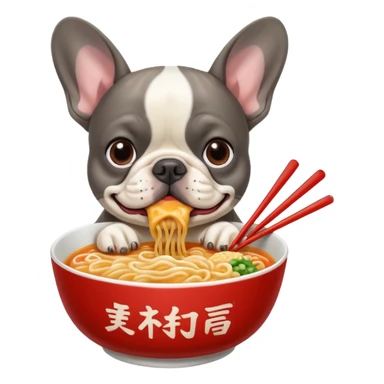 Merle French bulldog eating Ramen noodles sticker