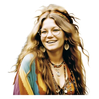 a portrait of janis joplin, focusing on her upper half. she has long, wavy hair with a free-spirited, messy style, round glasses, and a warm, infectious smile. she’s wearing layered bohemian jewelry, colorful clothing, and a feather in her hair, exuding her iconic 60s rock-and-roll vibe. the background is vibrant and slightly psychedelic sticker