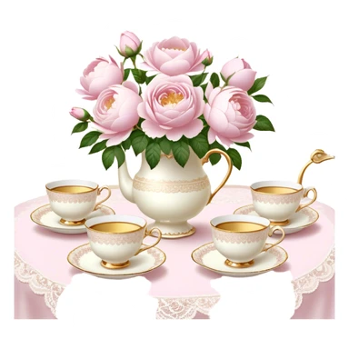 An enchanting garden tea party setting with a vintage lace tablecloth, golden-rimmed porcelain teacups, a centerpiece of light pink roses and white peonies in a pearl-trimmed vase, with delicate pearl butterflies flitting through the soft sunlight.
 sticker