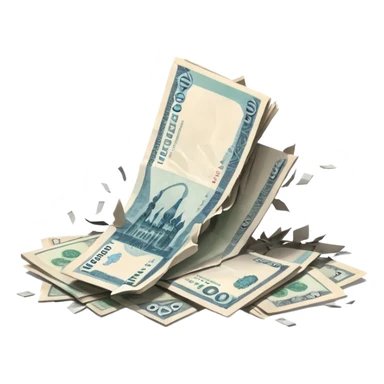 single stack of russian ruble notes blown into pieces because of explosion sticker