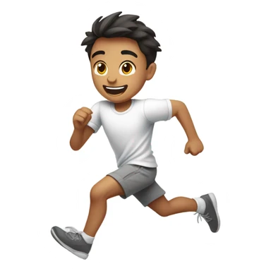 Young Eurasian boy in white shirt and grey shorts running sticker