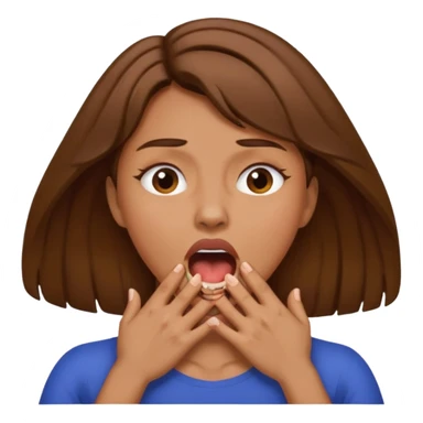 the woman emoji with brown hair and tan skin choking herself out with both hands on her neck with her mouth open sticker