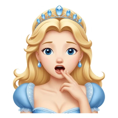 Cinematic Realistic Yawning Cinderella Portrait, showcasing lifelike porcelain skin and intricately detailed golden-blonde hair styled flawlessly as she mid-yawn reveals a moment of tender vulnerability. Her half-closed blue eyes and relaxed expression are rendered with natural, soft lighting that emphasizes the subtle textures of her face and the detailed, flowing fabric of her iconic gown. The scene glows with a cozy, authentic warmth that captures a rare, intimate moment of repose. sticker