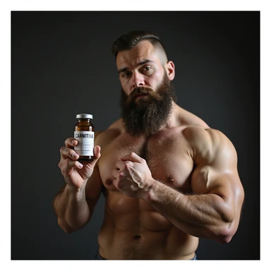 bodybuilder with beard, hyperrealism, holding a vial with a label 'CARNITINA' in large block letters, 4k quality sticker