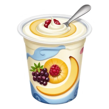 small yogurt cup with peeled-back foil lid, creamy yogurt with fruit swirls, no spoon or extras, soft lighting, subtle shadows, emoji scale sticker