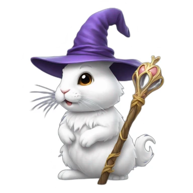 A side profile of a white rabbit wearing a wizard hat and holding a staff sticker