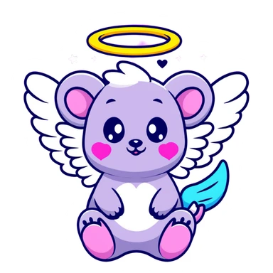 adorable possum with angel wings and halo, surrounded by stars and hearts, Lisa Frank colors sticker