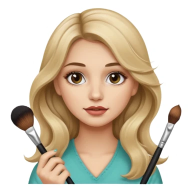 pretty girl with long wavy dirty blonde hair holding makeup brushes applying them to her face  sticker