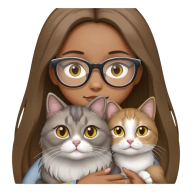 I need a girl with light brown long hair, black eyes, and brown glasses frames, holding a gray-white silver-tipped long-haired cat with yellow eyes. sticker