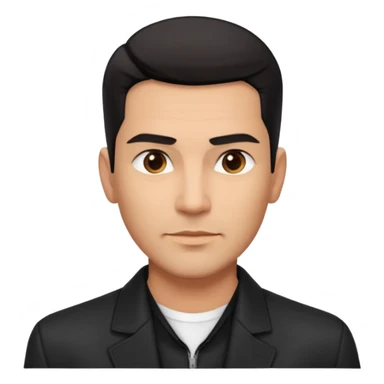 Attractive Hispanic TV host in his mid to late 40s with light brown skin, short straight black hair slicked back with fade on sides, square handsome face with strong jawline, friendly approachable expression, wearing open black jacket revealing white buttoned shirt underneath sticker