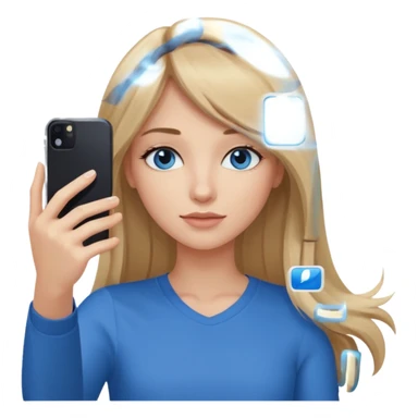 young woman with long straight dark blond hair, side bangs, and blue eyes. She is taking a selfie with an iphone  sticker