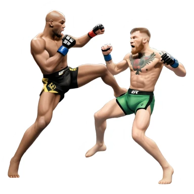 An MMA showdown between Conor McGregor and Anderson Silva in the octagon. McGregor is executing a jumping strike, while Silva skillfully deflects the attack. The background shows the UFC octagon with roaring fans and vibrant energy. Transparent background. sticker