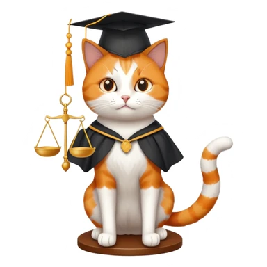 cat wearing a graduation cap, holding the scales of justice up with its tail sticker