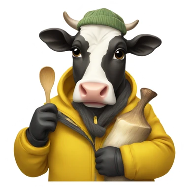 A cow wearing a mustard jacket skiing and holding a mushroom sticker