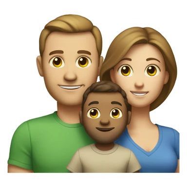 A family of three. The mom is pale with brown hair and green eyes and freckles. The dad is slightly tan with brown hair, brown eyes and a crooked closed mouth smile. The baby is an infant, with light brown hair, blue eyes, and a fire truck shirt sticker