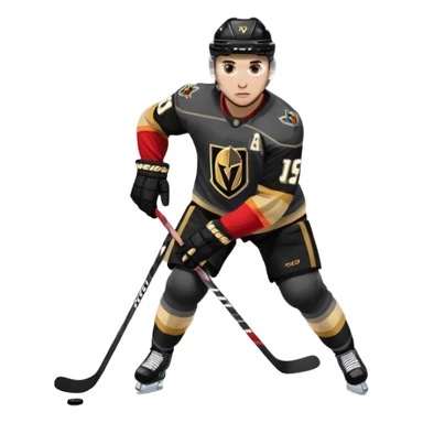 A hockey player in a Vegas Golden Knights black & gold jersey, red accent glow, centered stance, stick on the ice, faceoff position sticker