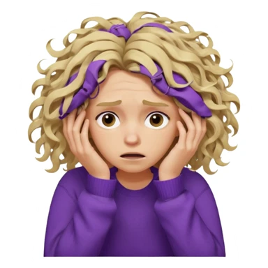 Emoji-style illustration of a frustrated young woman, messy, tangled, curly tousled blonde hair, clearly unkempt and chaotic, wearing a purple sweater, holding her face in her hands, expressing annoyance and disappointment, cartoonish, expressive, simple lines, flat colors, clear silhouette,  sticker