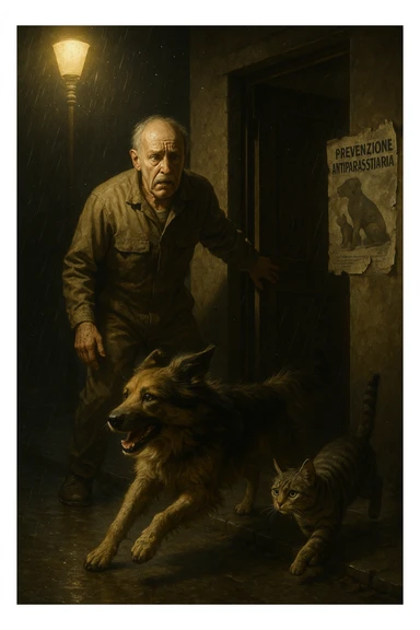 Un uomo anziano in tuta da lavoro, con espressione angosciata, tiene aperta la porta di casa mentre il suo cane (un meticcio a pelo lungo) e il gatto (soriano) scappano nella strada buia sotto la pioggia. Particelle di polvere/pulci fluttuano nell'aria illuminata dal lampione. Sullo sfondo, un poster strappato del veterinario con scritto 'Prevenzione antiparassitaria'. Stile fotorealistico, illuminazione Caravaggesca, toni grigi e ocra. in italiano sticker