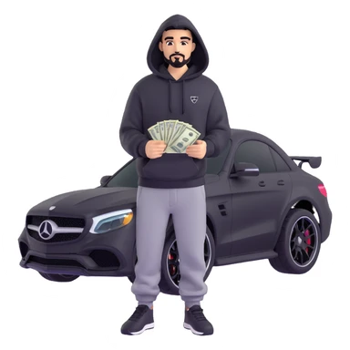 Create a 3D style image of a person with black goatee and black facial hair, wearing a hoodie and black sweatpants. The person is holding realistic US dollar bills. An AMG car is behind him. Use the reference image for pose and vibe. Avoid chrome style, focus on a realistic 3D emoji style. sticker