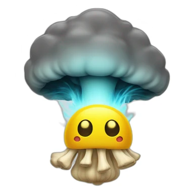 A yellow face with an open mouth, the top of its head exploding in the shape of a brain-like mushroom cloud. A visual form of the expression mind blown sticker