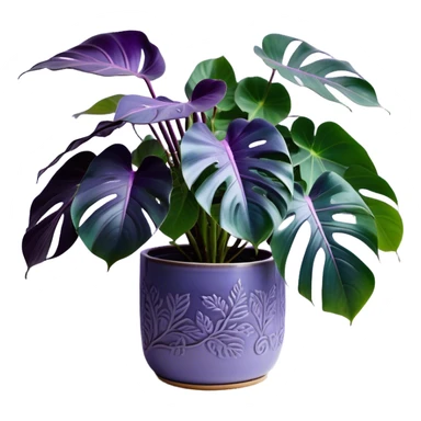 A stunning purple monstera plant with deep violet-green leaves, each leaf elegantly veined with subtle shades of purple, creating an ethereal glow. The plant is flourishing in a beautifully crafted lavender ceramic pot with intricate embossed floral patterns. The background features a softly blurred, moody violet gradient, enhancing the plant’s lush aesthetic. Delicate strands of ivy and tiny lavender blossoms cascade around the pot, adding depth and harmony. Soft, diffused lighting casts a gentle glow, emphasizing the plant’s unique coloration and creating a dreamy, artistic composition. sticker