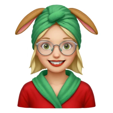 A woman who has a big rabbit-like front teeth wearing a green towel in her head with a broken glasses on her face in red pajamas sticker
