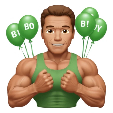 Arnold Schwarzenegger saying happy birthday . Birthday in a green color with big font . Arnold with his muscles sticker