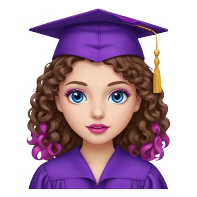 girl with curly and long wavy brown hair, blue eyes, long lashes makeup, sexy pink lips, wearing a purple graduation cap and gown sticker