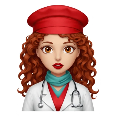 Sensual Spanish Lilith core evil surgeon.red outfit.  Surgeon has hazel eyes. Her hair is BROWN. Hair is also  long and  curly. wearing a sexy surgeon outfit with platform  heels.she is a calculated smart killer. She covers only her mouth and nose with silk scarf to hide identity  sticker