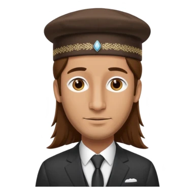 Man with a long nose wearing a suit and kippah, he has long brown hair with a payot sticker