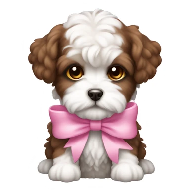 Brown and white Schichon puppy with pink bow sticker