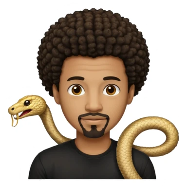 Homme noir, yeux marron avec un bouc sans la moustache, cheveux court et bouclé crépus avec un dégradé sur le côté, avec un cobra à côté , t-shirt noir  sticker