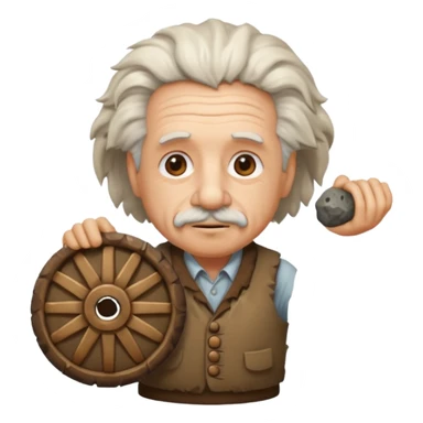 Albert Einstein as a caveman with a stone wheel, emoji style sticker