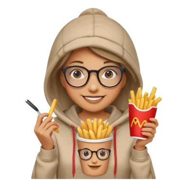 Woman with Glasses & Fries – cheerful woman in hoodie, holding paper cup of fries.





































 sticker