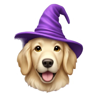 Cream color Golden retriever wearing a purple wizard hat with stars on it sticker