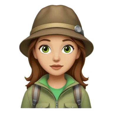woman hiking in the woods in the sunshine. light face and green eyes. wearing a hat, brown hair sticker