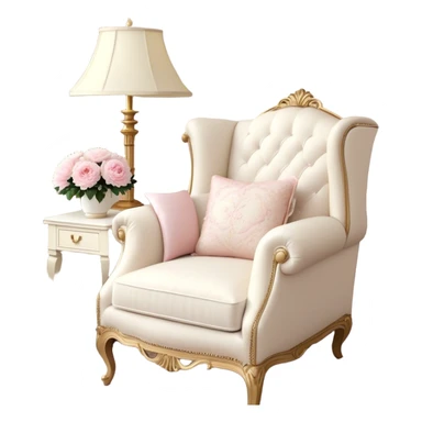 A cozy vintage-inspired reading nook, with an overstuffed ivory armchair, a golden reading lamp, and a bouquet of soft pink roses, white peonies, and dahlias resting on a small lace-covered side table, as a pearl butterfly gently rests on the open book.
 sticker
