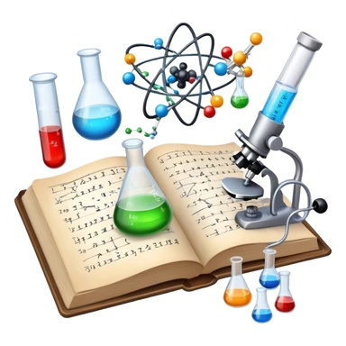 Icon for Scientific and Educational Reading: an open book with mathematical and physical formulas on the pages, with molecules and atoms flying out. On the desk are test tubes, flasks, and a microscope. Transparent background. sticker