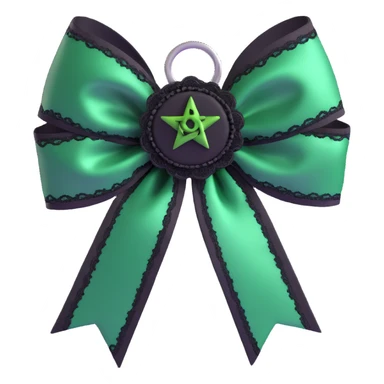 3D emoji gothic bow with deep green satin, black lace trim, and silver pentagram charm sticker