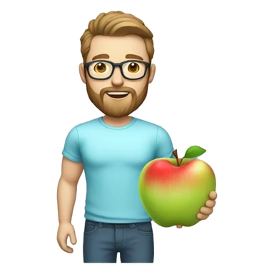 A male nutritionist with a full beard and dark blonde hair and white skin and glasses holding an apple in his hand. Who has a light blue shirt on. sticker