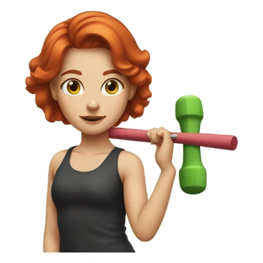 Red headed girl doing a workout with a green drumstick in each hand with the drumsticks crossed in front of her sticker