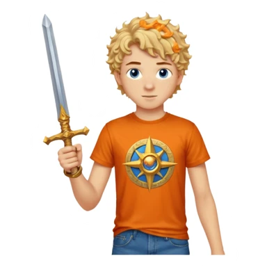 20 year old boy with curly blond hair and blue eyes with freckles wearing an orange no blue “Camp Halfblood” tshirt with the official percy jackson camp halfblood logo on it and blue jeans have him swinging a gold sword  sticker
