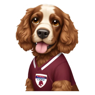 Cocker spaniel wearing an amber and claret football kit sticker