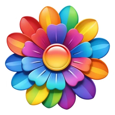 A round psychedelic colored button with a large rainbow colored flower in the center sticker